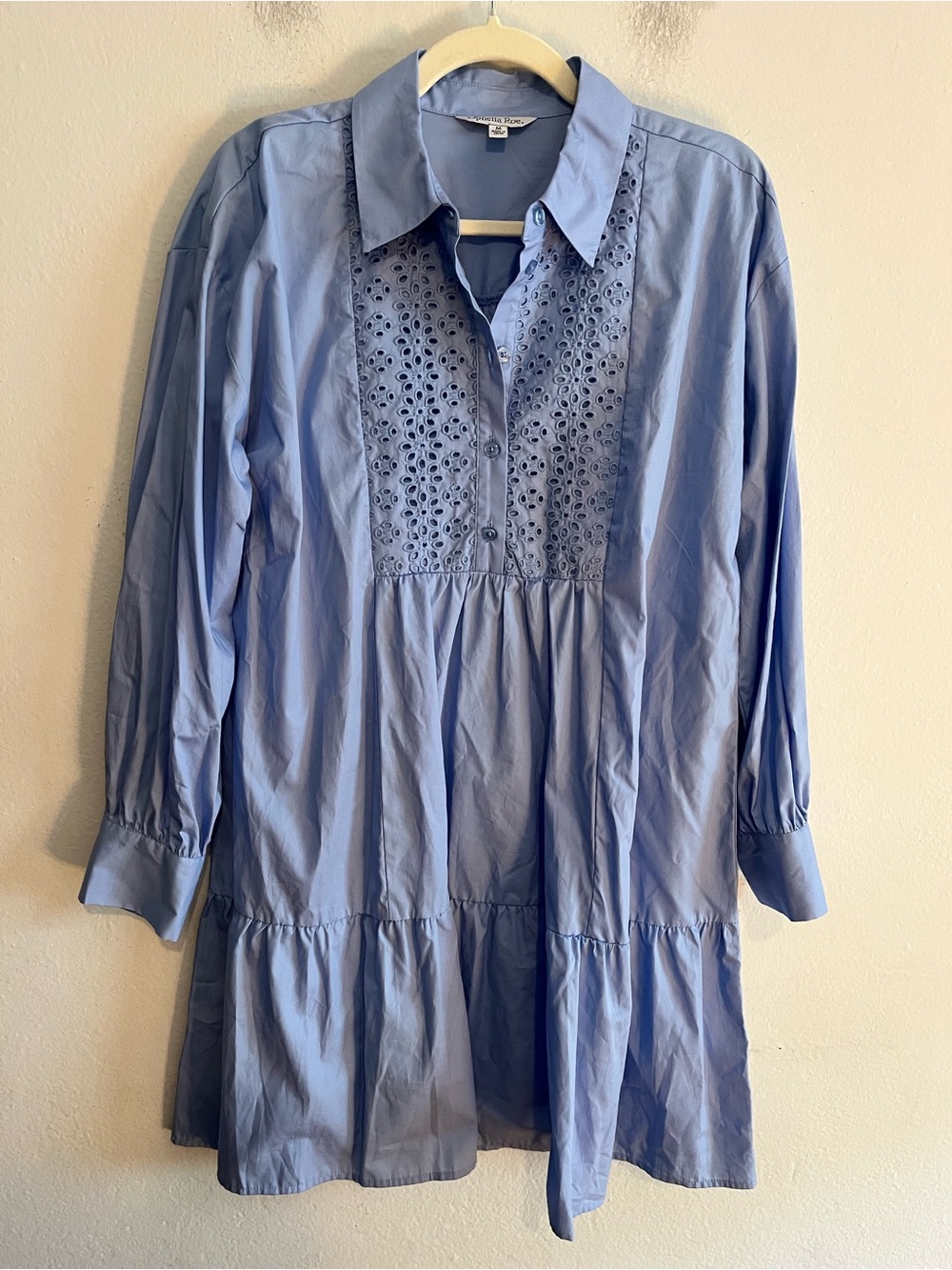 Ophelia Roe NWT Blue Embroidered Lace Bib Academia Shirt Midi Dress Medium
